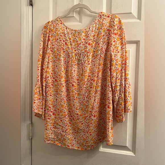 Size small orange red yellow ditzy flower floral print long sleeve blouse - Picture 4 of 6
